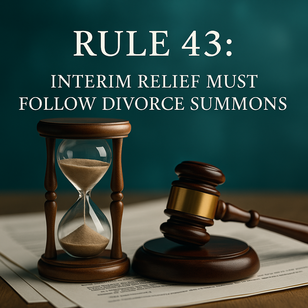 Wooden hourglass and judge’s gavel resting on legal documents against a teal background, symbolizing timing and procedure in South African divorce law under Rule 43.